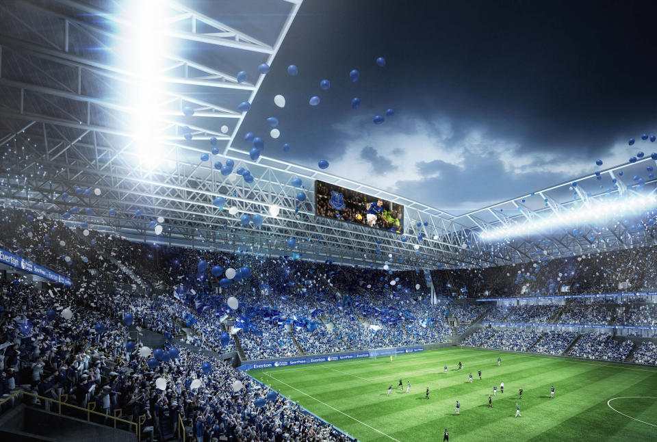 Handout image provided by Everton FC of proposed designs for their new Waterfront Stadium. PRESS ASSOCIATION Photo. Issue date: Thursday July 25, 2019. Everton Football Club today revealed the proposed designs for its iconic new stadium which would be built on semi-derelict dockland in North Liverpool and deliver a Â£1bn boost to the cityâs economy. See PA story SOCCER Everton. Photo credit should read Everton FC/PA Wire. NOTE TO EDITORS: This handout photo may only be used in for editorial reporting purposes for the contemporaneous illustration of events, things or the people in the image or facts mentioned in the caption. Reuse of the picture may require further permission from the copyright holder.