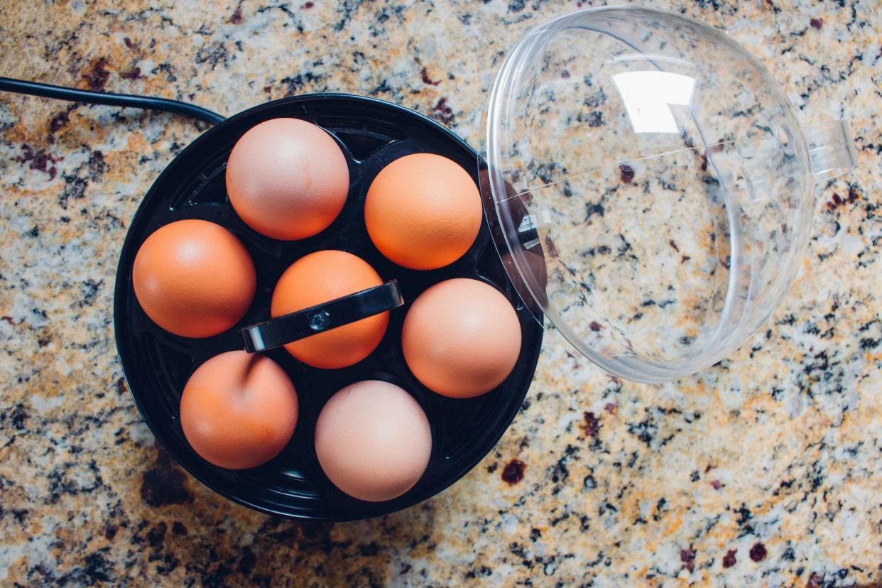egg cooker filled with eggs on kitchen counter