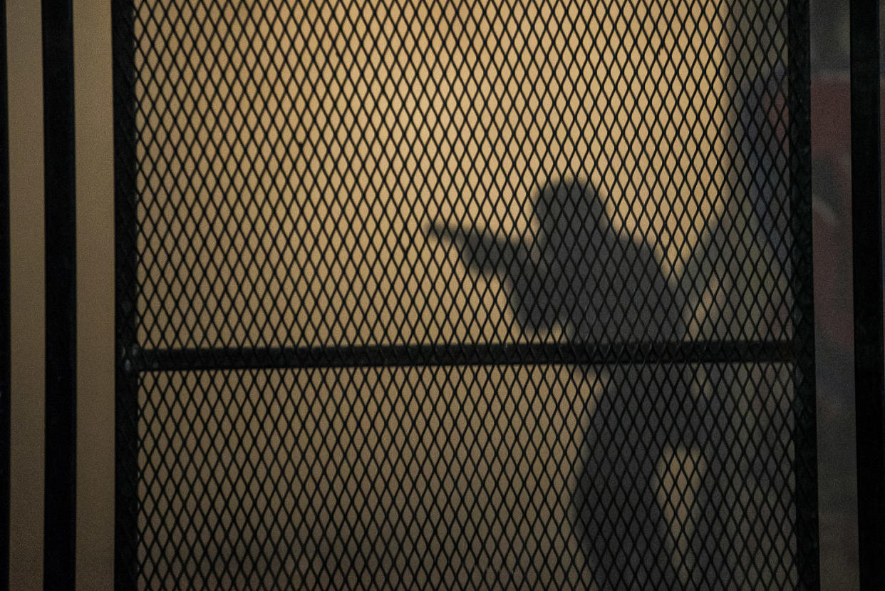 The outline of a federal officer behind a reinforced version of a fence (Nathan Howard / Getty Images file)