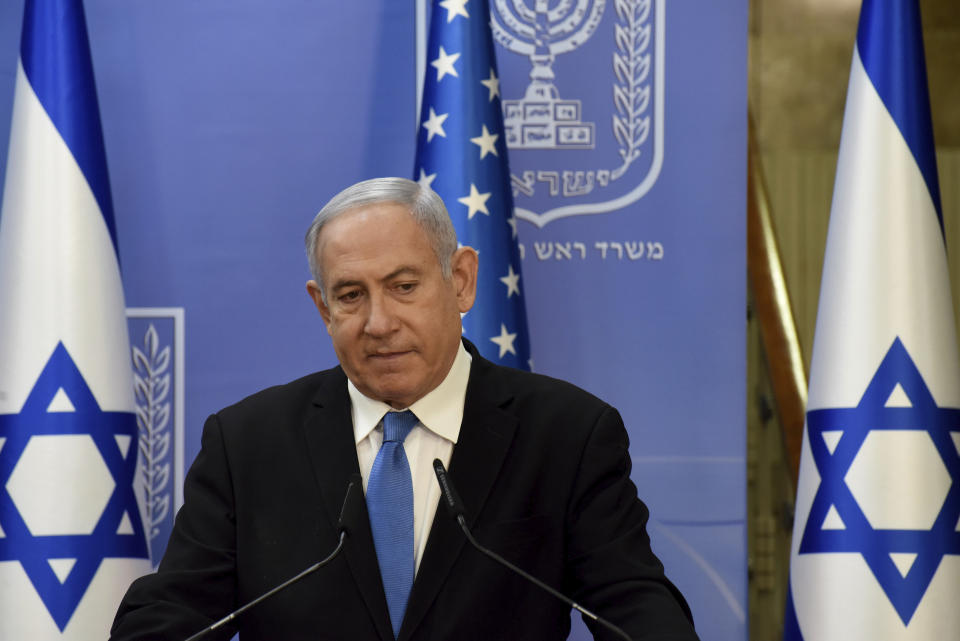 Israeli Prime Minister Benjamin Netanyahu speaks during a joint statement to the press with U.S. Secretary of State Mike Pompeo after their meeting, in Jerusalem, Monday, Aug. 24, 2020. (Debbie Hill/Pool via AP)