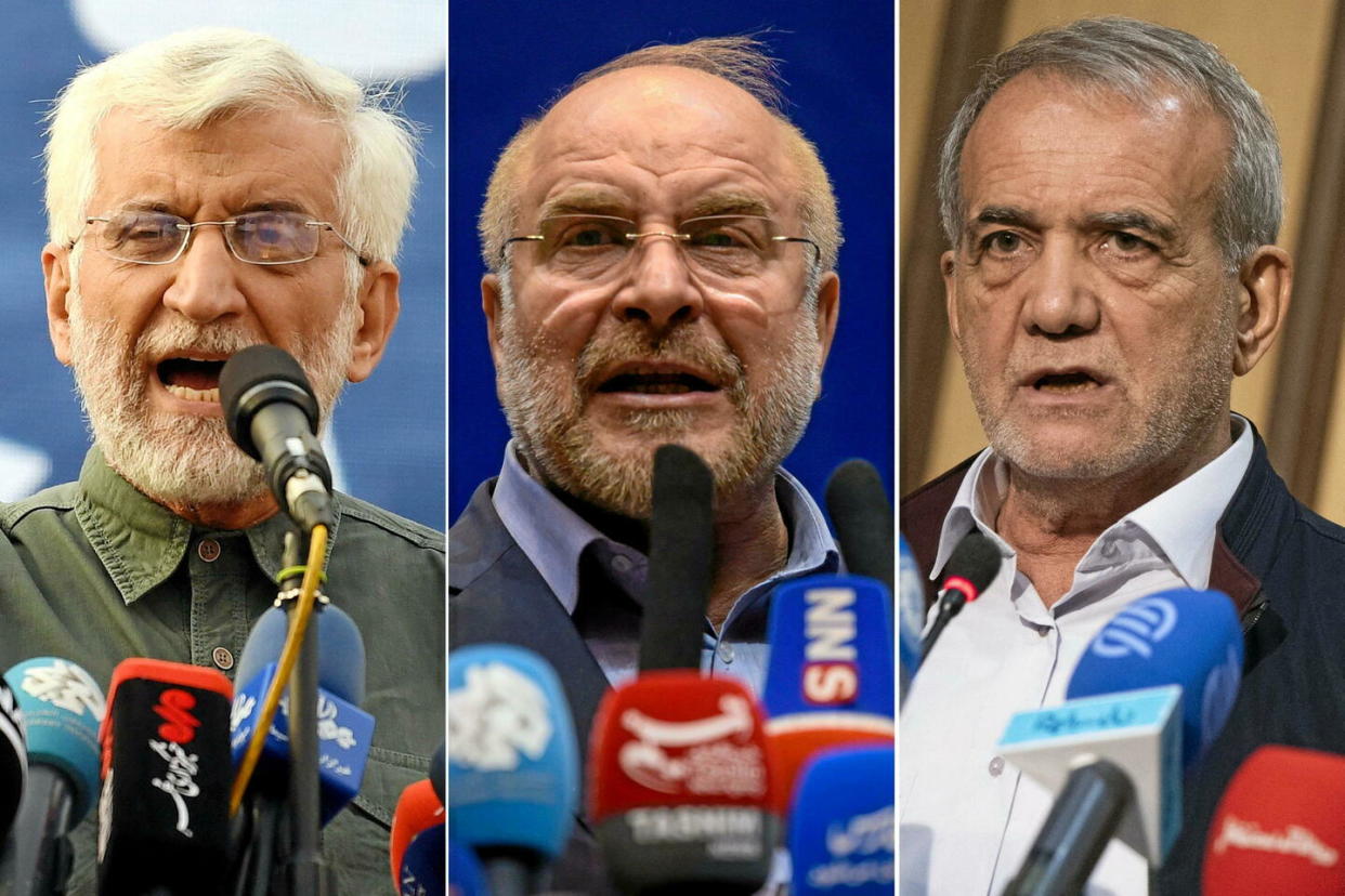 Trois des quatre candidats à la présidentielle en Iran, Saïd Jalili, Mohammad Bagher Ghalibaf et Massoud Pezeshkian.  - Credit:Sipa