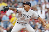 New York Yankees' Nestor Cortes pitches during the first inning of a baseball game against the Boston Red Sox, Saturday, Sept. 25, 2021, in Boston. (AP Photo/Michael Dwyer)