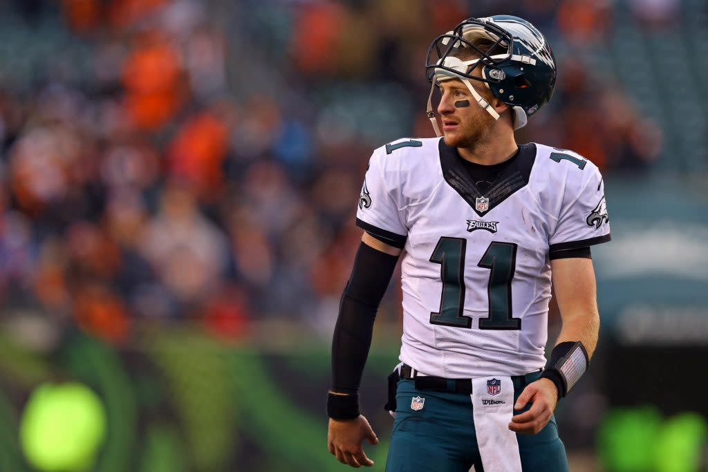 Dec 4, 2016; Cincinnati, OH, USA; Philadelphia Eagles quarterback Carson Wentz (11) reacts during a stop in play against the Cincinnati Bengals in the second half at Paul Brown Stadium. The Bengals won 32-14. Mandatory Credit: Aaron Doster-USA TODAY Sports