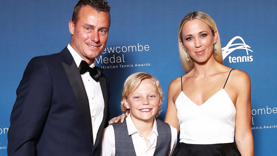 Lleyton Hewitt, pictured here with son Cruz and wife Bec at the Newcombe Medal in 2018.