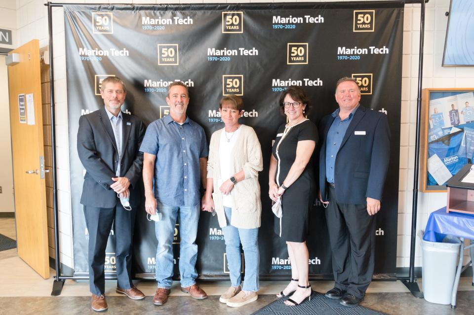 Marion Tech officials gather to thank the Files for the new scholarship. (L to R): Dr. Ryan McCall, president of Marion Tech; Scott Files; Tammy Files; Dr. Amy Adams, vice president for Planning and Advancement; and Mike Stuckey, director of the Marion Tech Foundation.