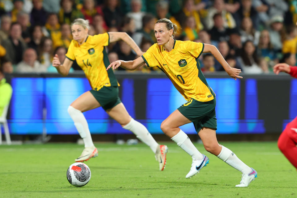 PERTH, AUSTRALIA - OCTOBER 26: Emily Van Egmond of the Matildas runs toward goal during the AFC Women's Asian Olympic Qualifier match between Australia Matildas and IR Iran at HBF Park on October 26, 2023 in Perth, Australia. (Photo by James Worsfold/Getty Images)