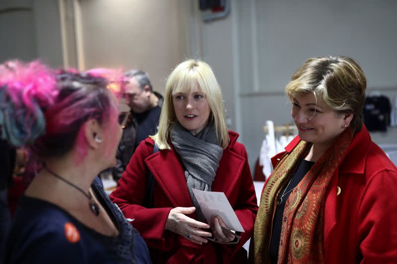 Rosie Duffield and Emily Thornberry speak to a stall holder at an Etsy market in Canterbury