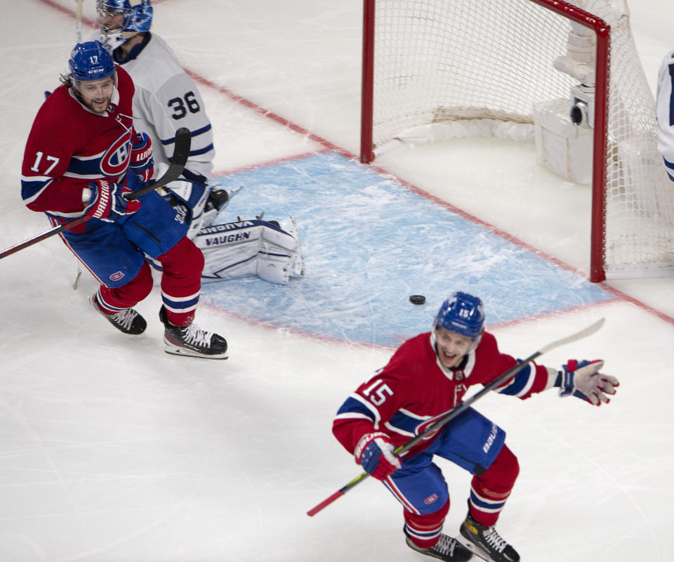 Montreal Canadiens' Jesperi Kotkaniemi (15) reacts after scoring in overtime on Toronto Maple Leafs goaltender Jack Campbell (36) in Game 6 of an NHL hockey Stanley Cup first-round playoff seres Saturday, May 29, 2021, in Montreal. (Ryan Remiorz/The Canadian Press via AP)