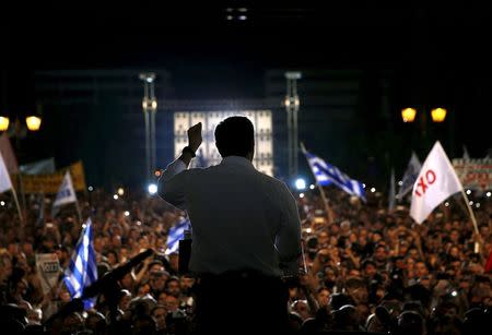 Greek Prime Minister Alexis Tsipras delivers a speech at an anti-austerity rally in Syntagma Square in Athens, Greece, in this July 3, 2015 file photo. REUTERS/Yannis Behrakis/Files