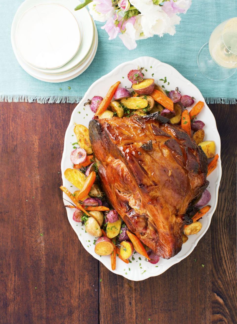 apricot mustard ham with herb roasted root vegetables