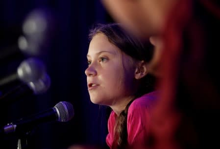 Swedish climate activist Greta Thunberg speaks during a news conference in New York