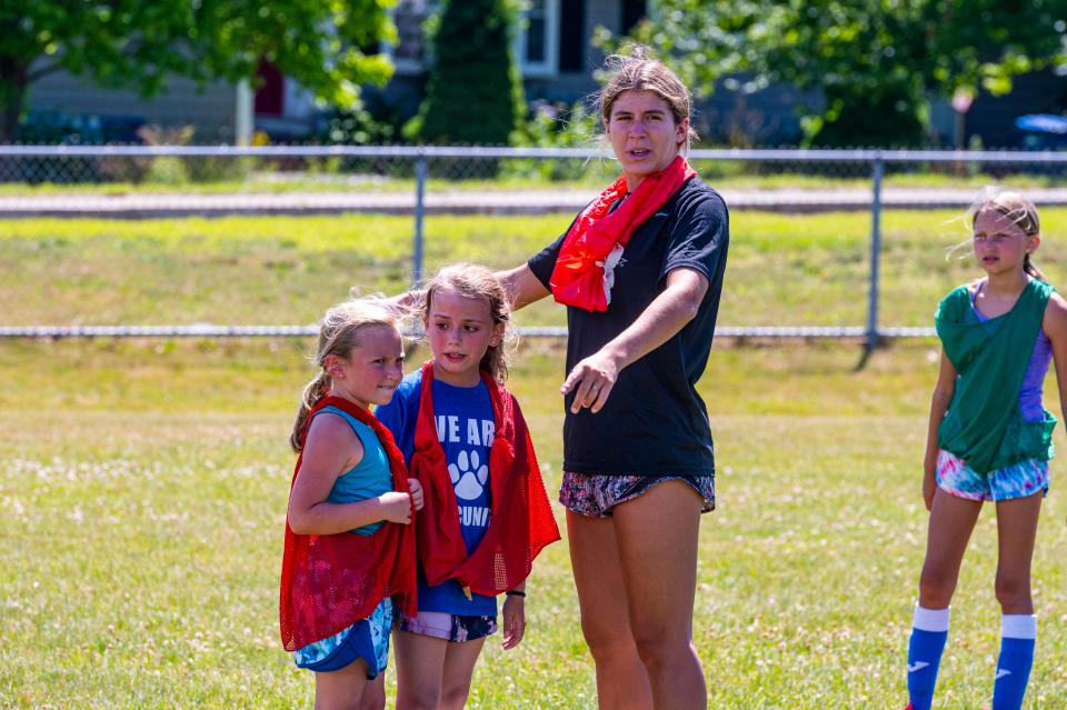 Meg Hughes gives some instructions at the MATTREC Girls Soccer Clinic at Old Rochester.