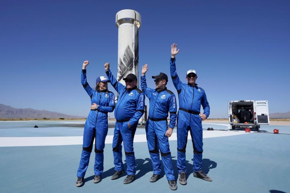 Blue Origin’s New Shepard rocket space passengers including William Shatner, second left (LM Otero/PA) (AP)