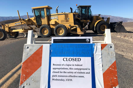 Construction vehicles block the entrance to Harmony Borax Works, a Death Valley National Park historical site, which is closed during the partial U.S. government shutdown, in Death Valley, California, U.S., January 10, 2019. REUTERS/Jane Ross