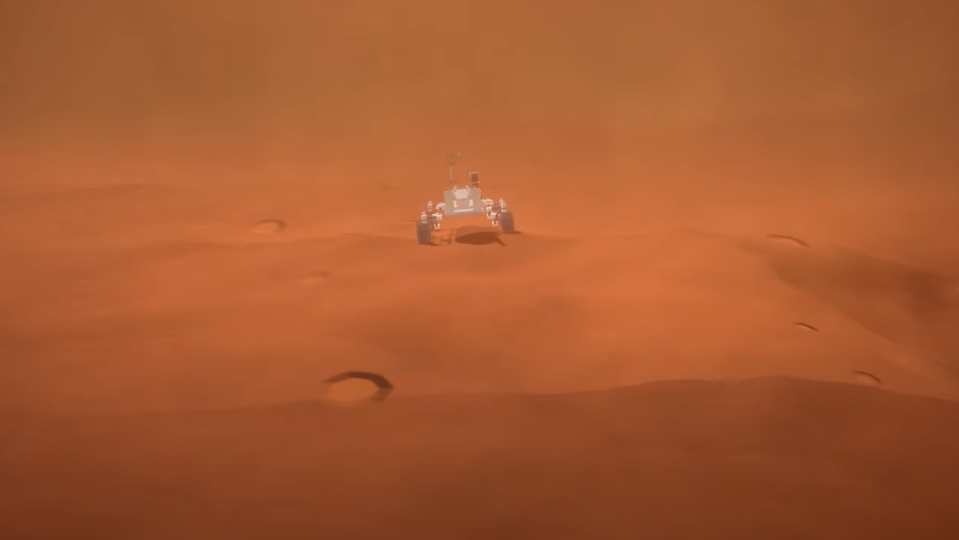 illustration of rover on the surface of mars with very dusty sky in background