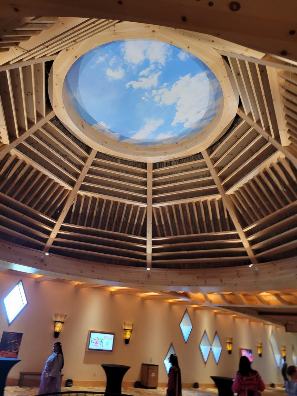 The entrance of the Choctaw Cultural Center simulates a traditional Choctaw home, or "Chukka," with a central fireplace opening to the heavens in Calera, near Durant. Opened in 2021 after more than a decade of research and work, the Choctaw Cultural Center spans more than 100,000 square feet and houses two exhibit halls, an art gallery, auditorium, children’s area, gift shop, café and more situated on 22 acres.