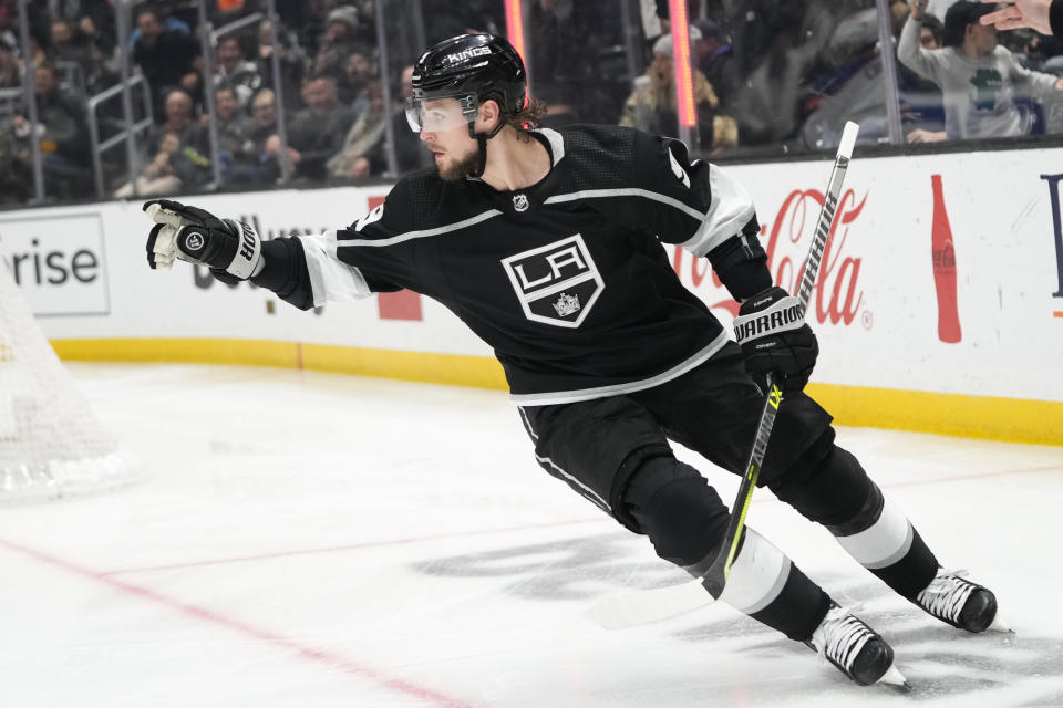 Los Angeles Kings' Adrian Kempe (9) celebrates his goal against the Edmonton Oilers during the second period of an NHL hockey game Monday, Jan. 9, 2023, in Los Angeles. (AP Photo/Jae C. Hong)