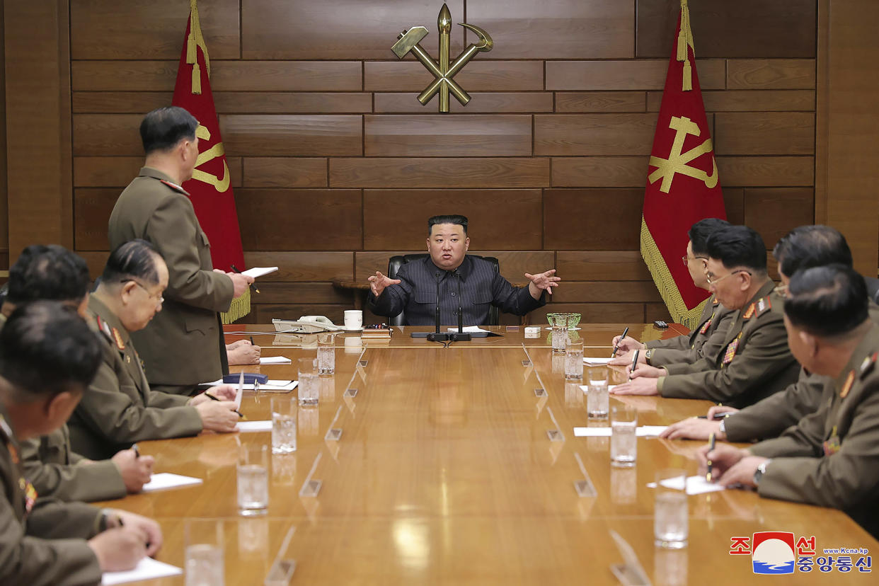 In this photo provided by the North Korean government, North Korean leader Kim Jong Un, center, attends a meeting of the ruling Workers’ Party’s Central Military Commission at its headquarters in Pyongyang, North Korea Monday, April 10, 2023. Independent journalists were not given access to cover the event depicted in this image distributed by the North Korean government. The content of this image is as provided and cannot be independently verified. Korean language watermark on image as provided by source reads: "KCNA" which is the abbreviation for Korean Central News Agency. (Korean Central News Agency/Korea News Service via AP)