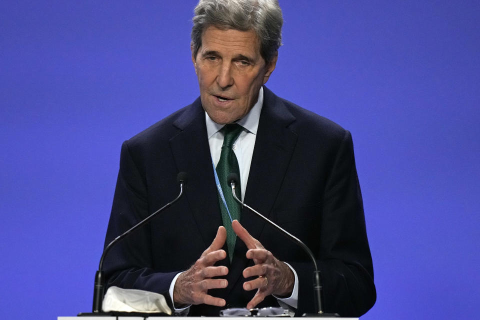 John Kerry, United States Special Presidential Envoy for Climate gestures as he speaks during a press conference at the COP26 U.N. Climate Summit in Glasgow, Scotland, Friday, Nov. 5, 2021. The U.N. climate summit in Glasgow gathers leaders from around the world, in Scotland's biggest city, to lay out their vision for addressing the common challenge of global warming. (AP Photo/Alastair Grant)