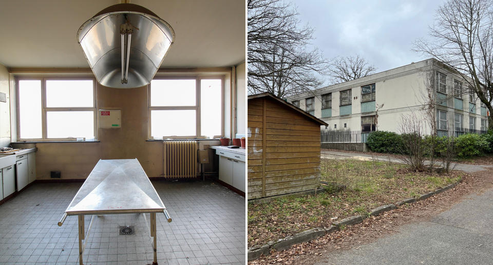 The steel table in the morgue and the outside of the building left to rot. 