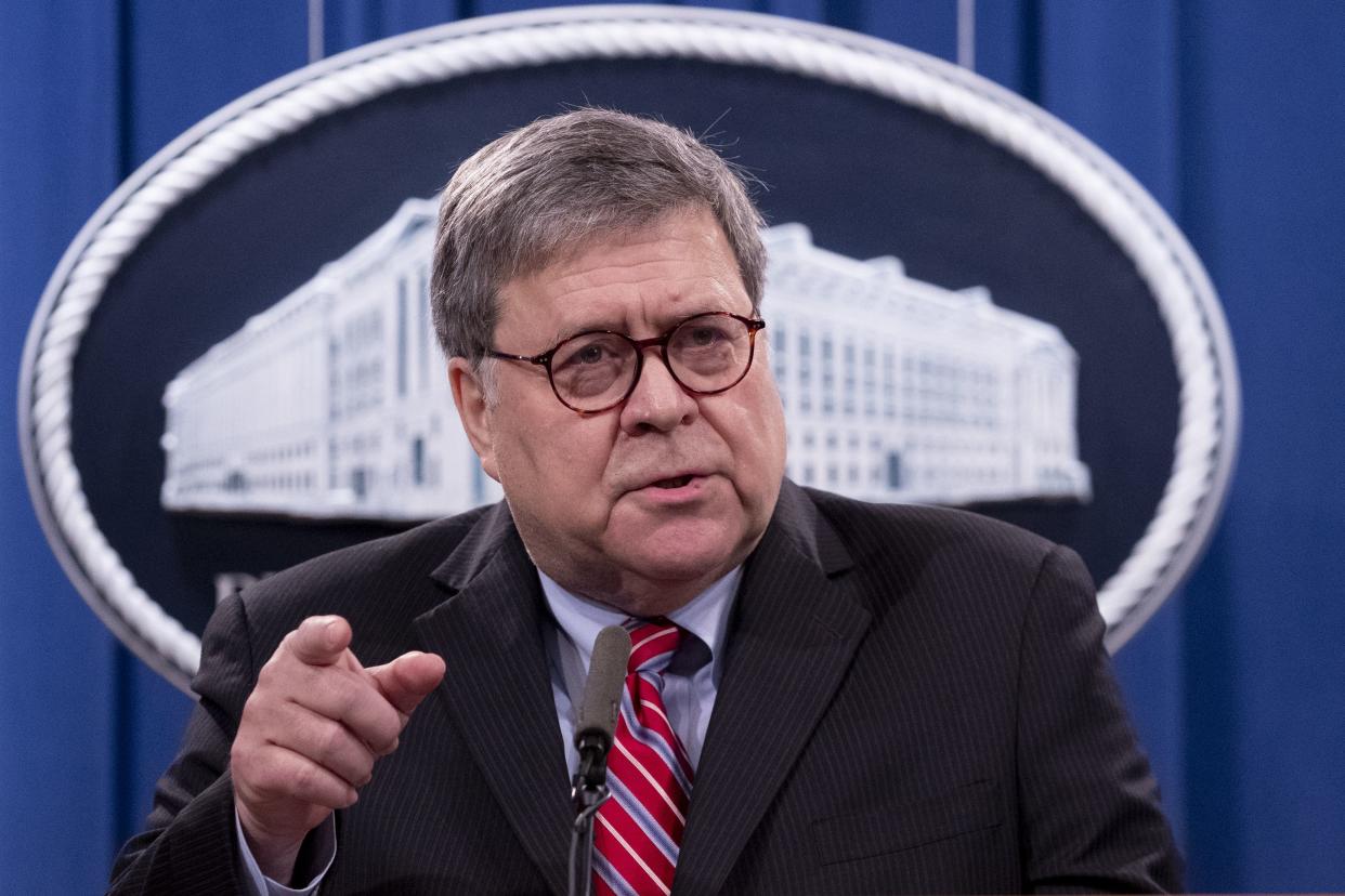 Former Attorney General William Barr speaks during a news conference in Washington on Dec. 21, 2020.