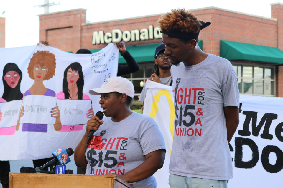 McDonald's worker Tanya Harrell, 22, speaks about sexual harassment in front of a downtown restaurant, not one where she had worked, in New Orleans on Tuesday, Sept. 18, 2018. McDonald’s workers staged protests in several cities Tuesday as part of what organizers billed as the first multistate strike seeking to combat sexual harassment in the workplace. (AP Photo/Janet McConnaughey)