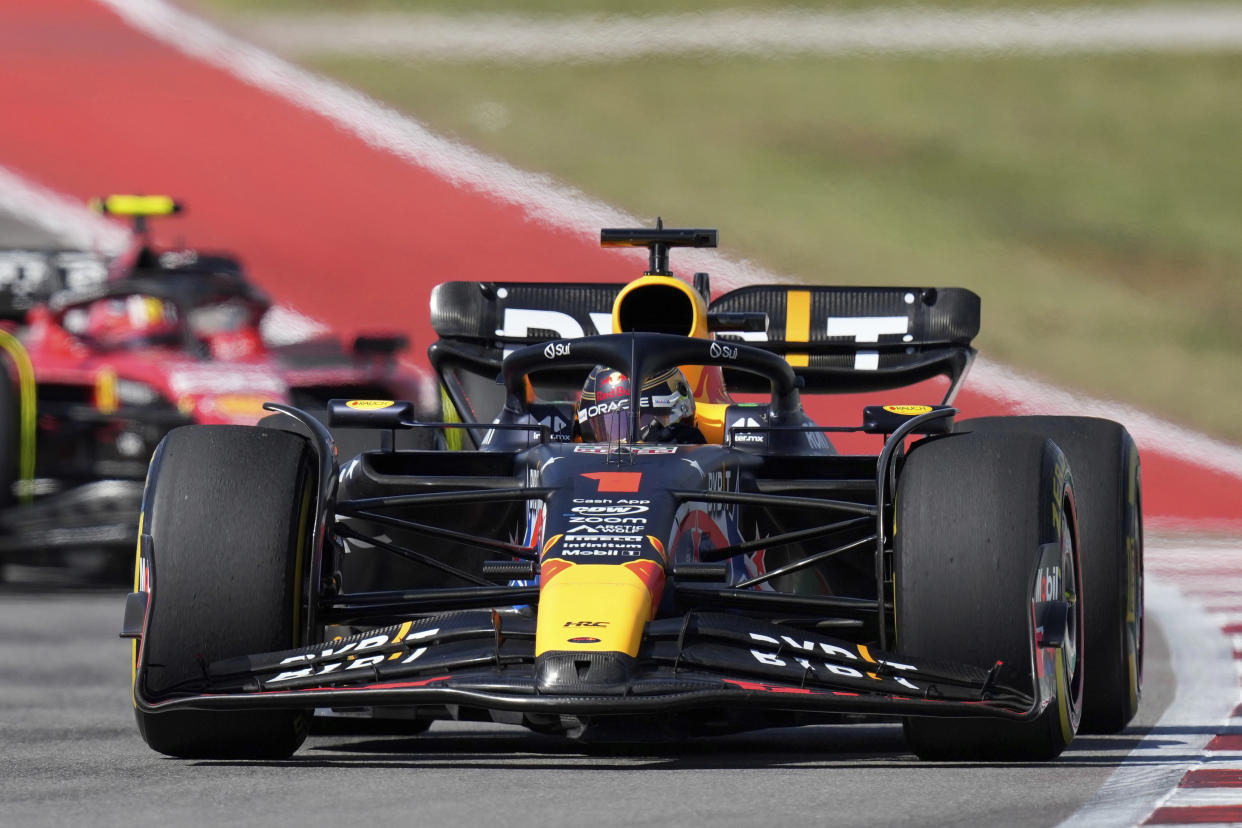 Red Bull driver Max Verstappen, of the Netherlands, drives during the Formula One U.S. Grand Prix auto race at Circuit of the Americas, Sunday, Oct. 22, 2023, in Austin, Texas. (AP Photo/Nick Didlick)