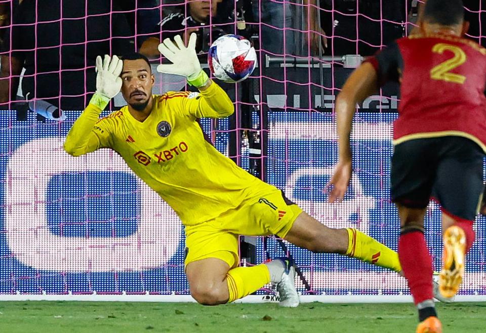 Inter Miami goalkeeper Drake Callender (1) a goal attempt by Atlanta United midfielder Thiago Almada (23) in the second half of a Leagues Cup group stage match at DRV PNK Stadium in Fort Lauderdale, Fla. on Tuesday, July 25, 2023.