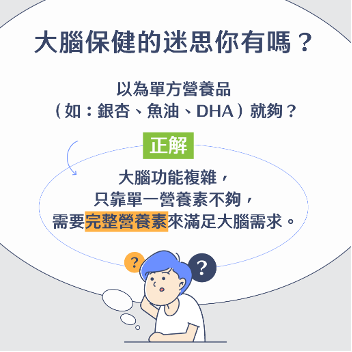 大腦需要均衡的維生素與礦物質，單方營養品如銀杏、魚油等難以全方位支援大腦所需的完整營養素。