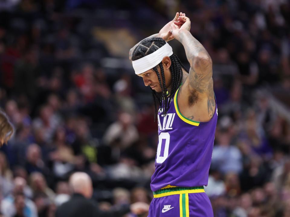 Utah Jazz guard Jordan Clarkson (00) hangs his head after the Charlotte Hornets hit a basket near the end of the game in Salt Lake City on Thursday, Feb. 22, 2024. The Hornets won 115-107. | Jeffrey D. Allred, Deseret News