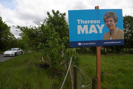 An election campaign poster promoting Britain's Prime Minister Theresa May is seen in her Parliamentary constituency of Maidenhead in southern England, Britain, May 21, 2017. REUTERS/Toby Melville