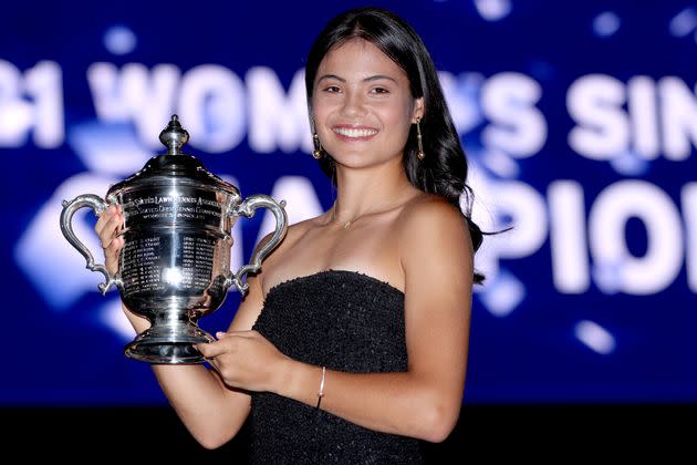 Emma Raducanu of Great Britain poses with the championship trophy after defeating Leylah Annie Fernandez of Canada during their Women's Singles final match on Day Thirteen of the 2021 US Open at the USTA Billie Jean King National Tennis Center on Saturday in New York City. (Photo: Matthew Stockman via Getty Images)