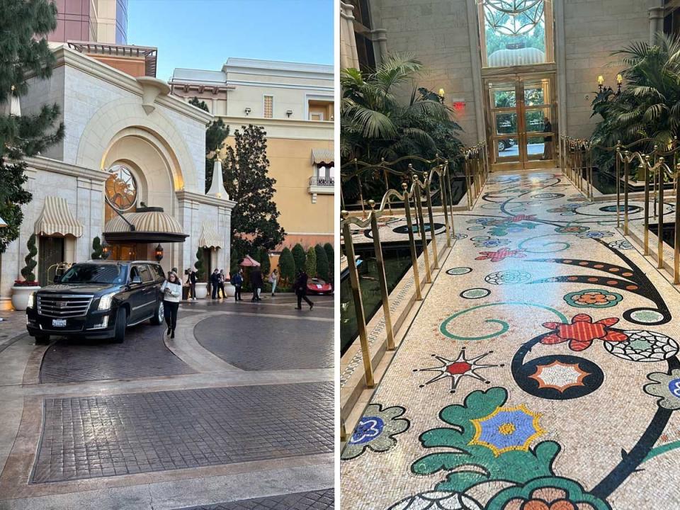 Side by side images of a car pulled up to a large fancy entrance and a tiled walkway with flowers leading from a front door.