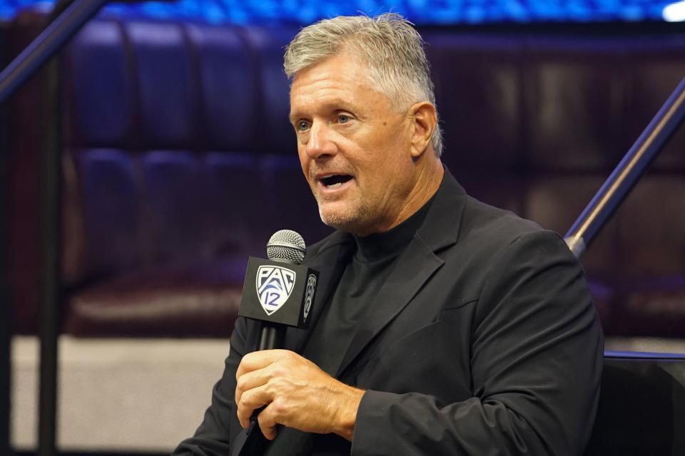 Utah head coach Kyle Whittingham speaks at Pac-12 football media day Friday, July 21, 2023, in Las Vegas.