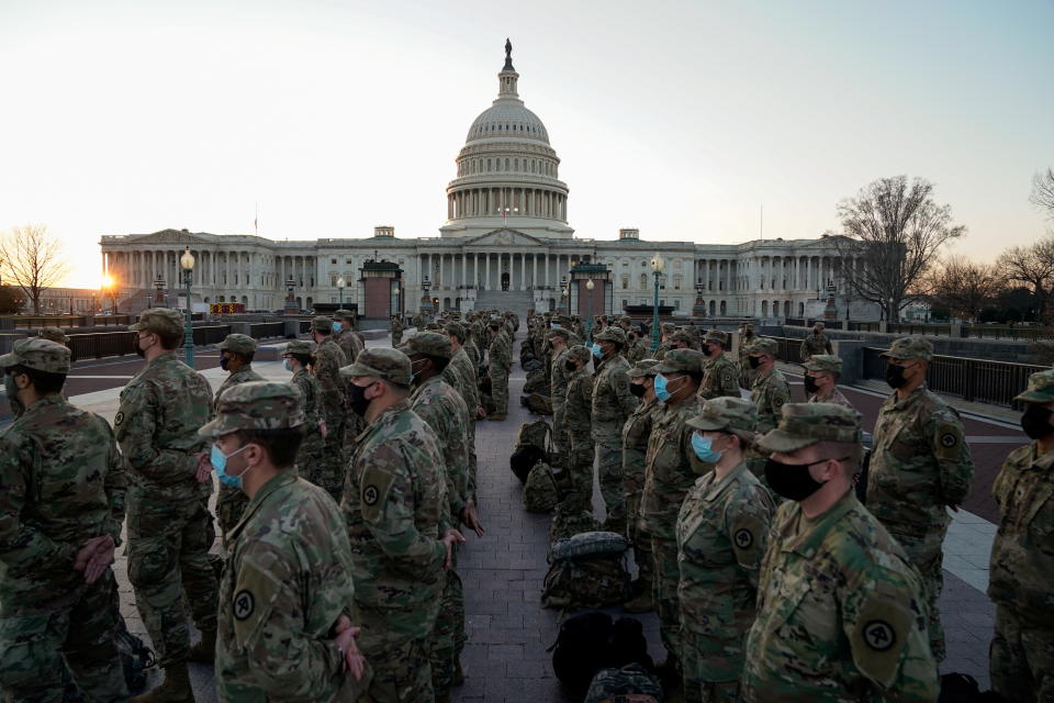 Members of the National Guard gather outside the U.S. Capitol