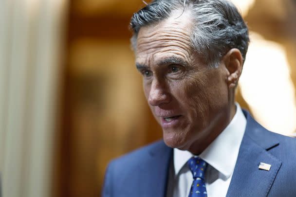 PHOTO: Sen. Mitt Romney speaks with reporters during a series of the votes at the U.S. Capitol, Feb 13, 2023, in Washington. (Anna Moneymaker/Getty Images)