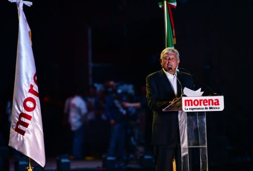 Mexico's frontrunning presidential candidate Andres Manuel Lopez Obrador delivers a speech during the closing campaign rally in Mexico City