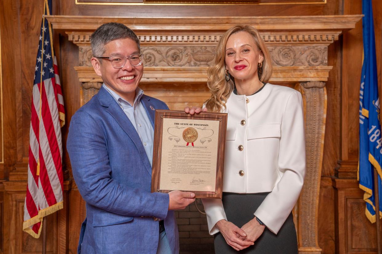 Green Bay "Jeopardy!" champ Ben Chan was honored by the Wisconsin Assembly with Joint Resolution 114 at the Capitol in February. He's pictured with Rep. Kristina Shelton (D-Green Bay), who introduced it.