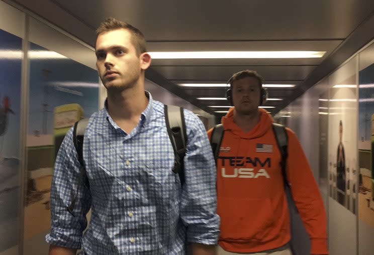 U.S. Olympic swimmers Jack Conger and Gunnar Bentz arrive at the Miami international airport from Rio de Janeiro a day after Brazilian police detained their passports and questioned them, in Miami, Aug. 19, 2016. (Photo: Cassandra Garrison/Reuters)