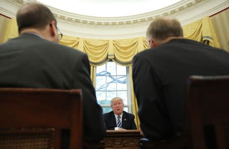 U.S. President Donald Trump speaks during an interview with Reuters in the Oval Office of the White House in Washington, U.S., April 27, 2017. REUTERS/Carlos Barria