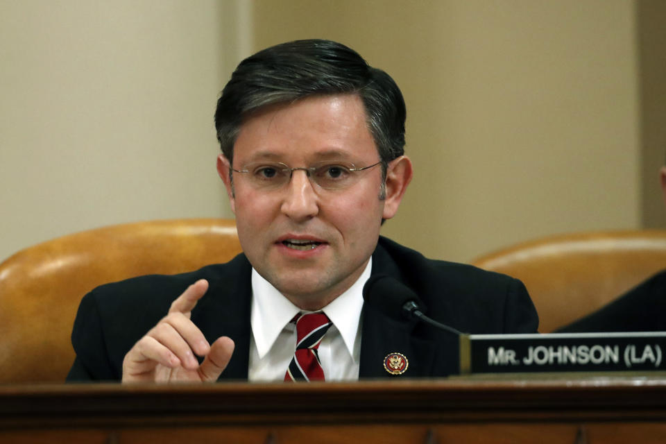 FILE - Rep. Mike Johnson, R-La., speaks during a House Judiciary Committee markup of the articles of impeachment against President Donald Trump, on Capitol Hill, Dec. 12, 2019, in Washington. Johnson does not typically mention one aspect of his work before being elected to Congress. He was once chosen to be the dean of a small Baptist law school. But the school ultimately collapsed without enrolling students or opening its doors. The episode is a reminder of how little is know about Johnson, who quickly rose from relative obscurity to House speaker. (AP Photo/Alex Brandon, File)