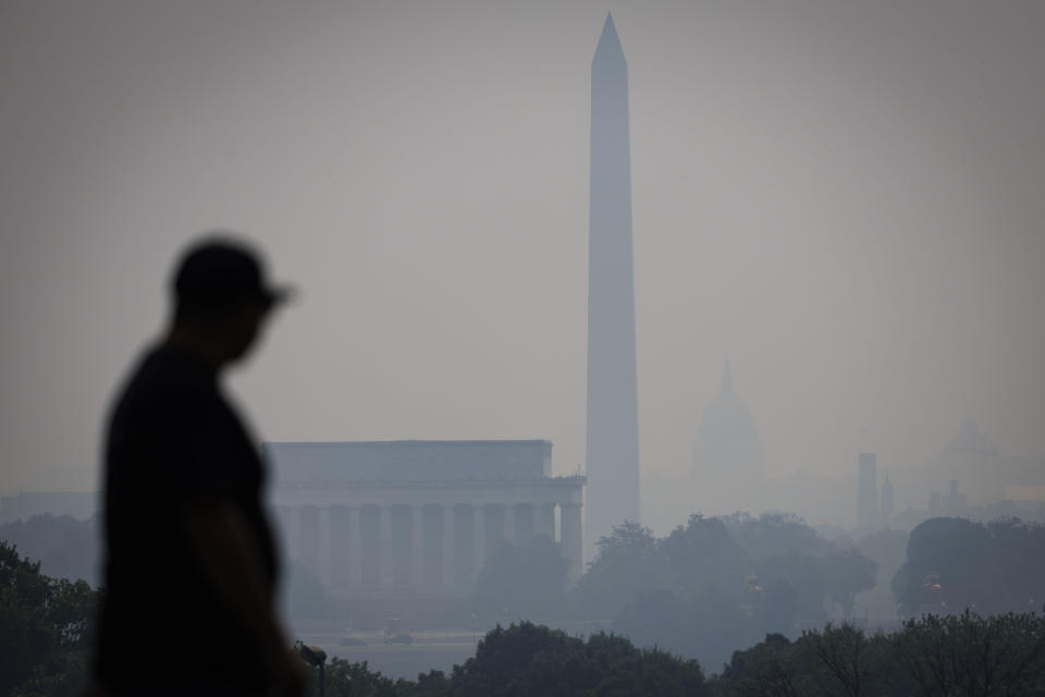 The Lincoln Memorial, the Washington Monument and the U.S. Capitol shrouded in smoke from Canadian wildfires