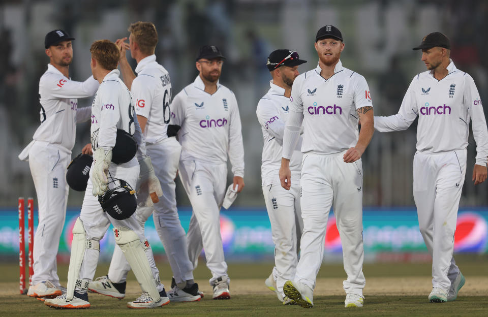 Ben Stokes and his England teammates, pictured here walking off the field after day four against Pakistan.