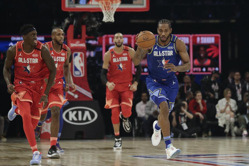 Kawhi Leonard of the Los Angeles Clippers drives during the first half of the NBA All-Star basketball game Sunday, Feb. 16, 2020, in Chicago. (AP Photo/Nam Huh)