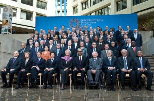 Finance ministers and central bank governors pose for a family photo of the International Monetary and Financial Committee at the IMF/World Bank Annual Spring Meetings in Washington. The IMF and the Group of 20 major economies have acknowledged the need for a new IMF formula on quotas, or voting rights, and governance that better reflects members' relative economic weights