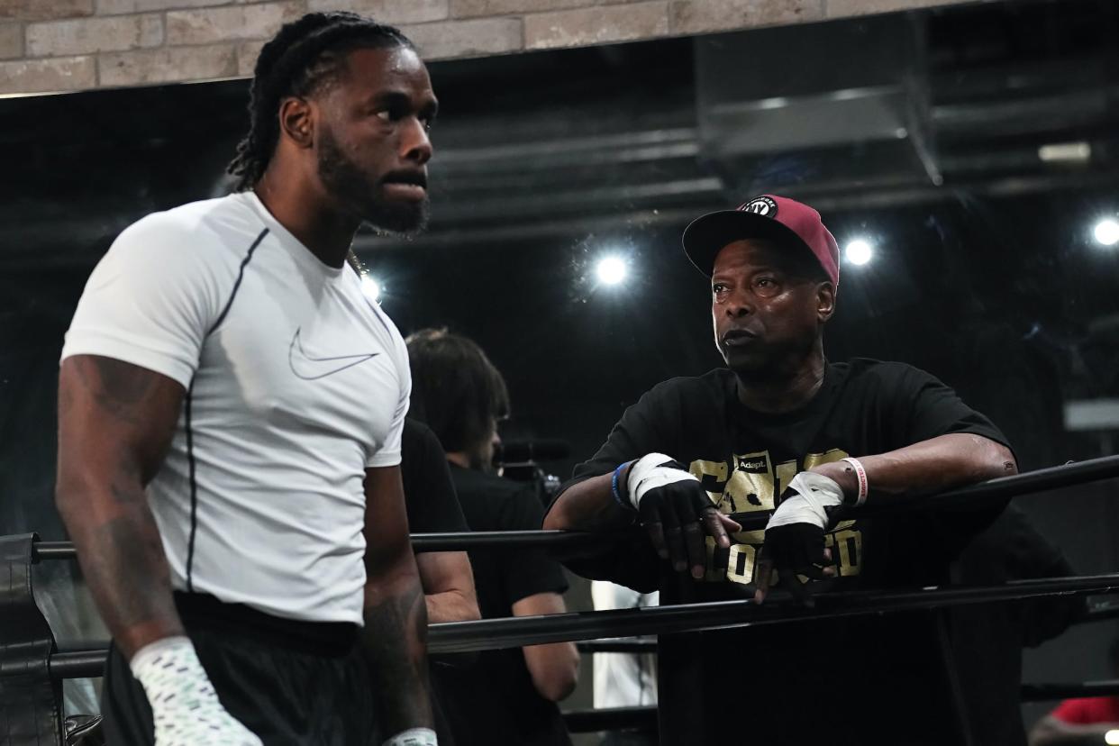 Yoel Judah watches his fighter Hasim Rahman Jr. train late night at a gym in Las Vegas..jpg