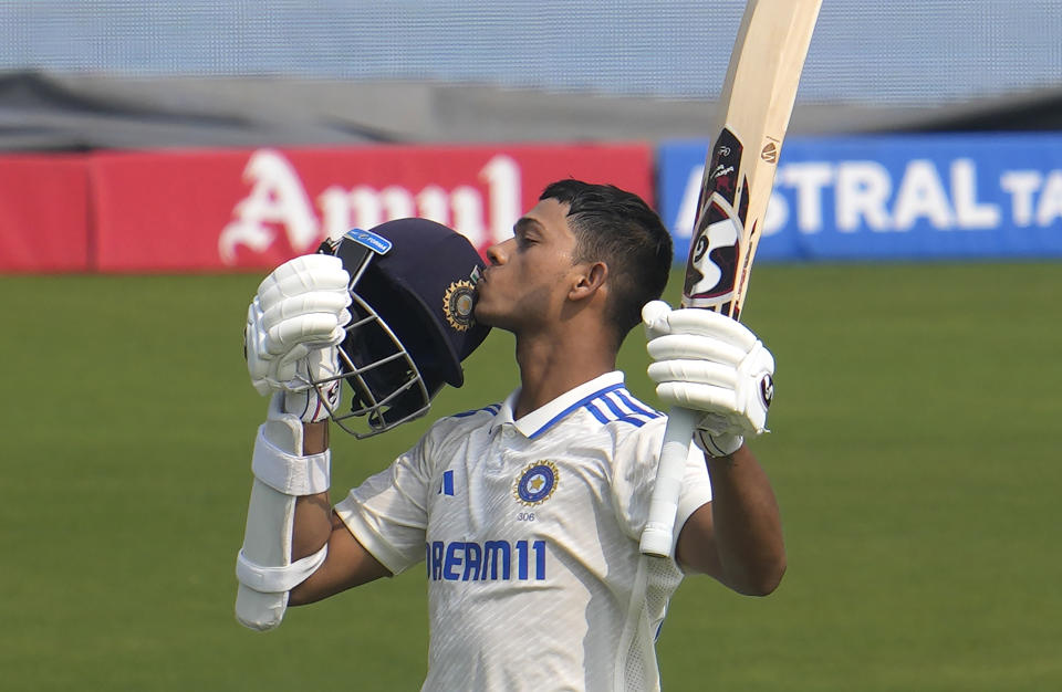 India's Yashasvi Jaiswal celebrates his double century on the second day of the second test match between India and England, in Visakhapatnam, India, Saturday, Feb. 3, 2024. (AP Photo/Manish Swarup)