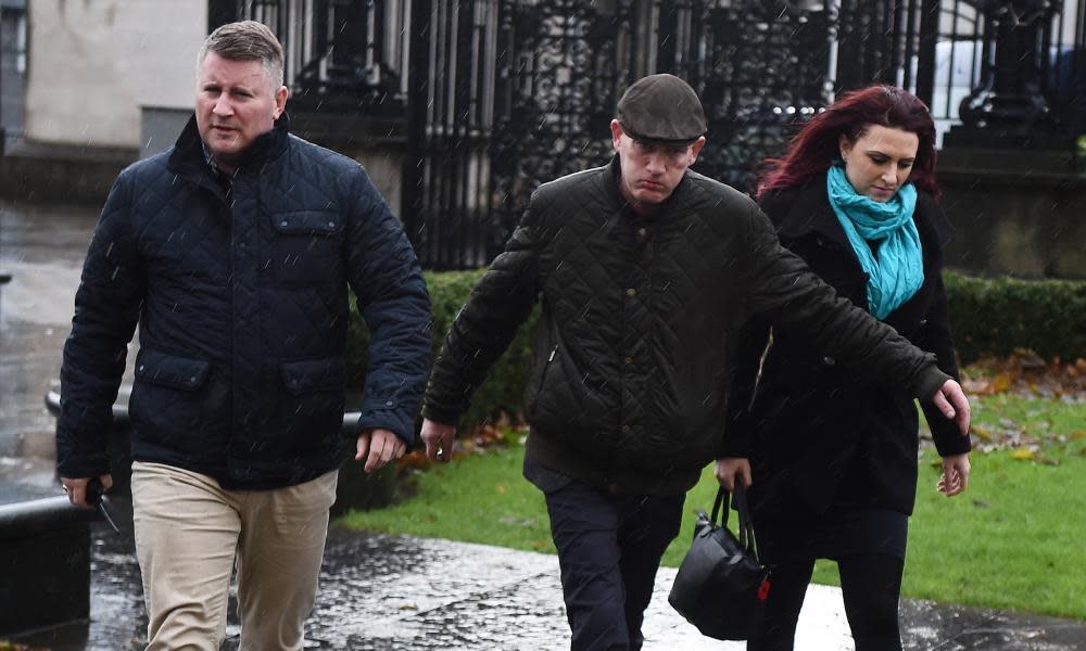 Paul Golding, left, arriving with Jayda Fransen, right, at Belfast magistrates’ court.