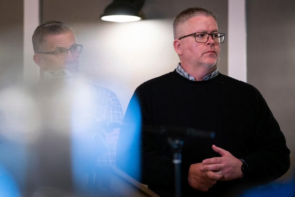 Tom Donnelly, Former Oxford School Board President, left, and Korey Bailey, Former Oxford School Board Treasurer, answer questions during a press conference about actions of school leaders before and after the Oxford High School shooting at the Legacy Center in Oxford on Monday, Nov. 28, 2022.