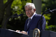Mexican President Andres Manuel Lopez Obrador speaks during an event in the Rose Garden at the White House, Wednesday, July 8, 2020, in Washington. (AP Photo/Evan Vucci)